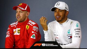 Formula One F1 - Australian Grand Prix - Melbourne Grand Prix Circuit, Melbourne, Australia - March 24, 2018  Ferrari&#039;s Sebastian Vettel and Mercedes&#039; Lewis Hamilton during the press conference after qualifying  REUTERS/Brandon Malone