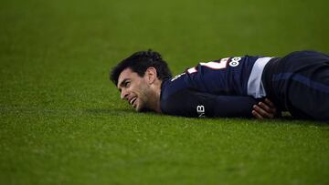 Paris Saint-Germain&#039;s Argentinian midfielder Javier Pastore lies on the field  during the L1 football match between Paris Saint-Germain and Montpellier.