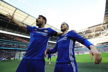 Hazard and Diego Costa celebrate during last week's FA Cup semi-final against Tottenham.