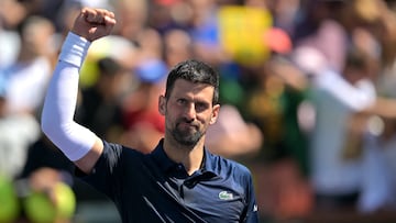 Mar 9, 2026; Indian Wells, CA, USA; Novak Djokovic (SRB) celebrates after his third round match as he defeated Aleksandar Kovacevic (USA) during the BNP Paribas Open at the Indian Wells Tennis Garden. Mandatory Credit: Jayne Kamin-Oncea-Imagn Images