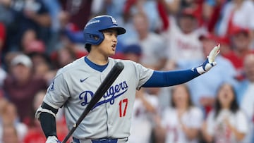 Oct 6, 2025; Philadelphia, Pennsylvania, USA; Los Angeles Dodgers designated hitter Shohei Ohtani (17) asks for time during an at bat against the Philadelphia Phillies in the first inning during game two of the NLDS round for the 2025 MLB playoffs at Citizens Bank Park. Mandatory Credit: Bill Streicher-Imagn Images