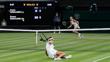 Tennis - Wimbledon - All England Lawn Tennis and Croquet Club, London, Britain - July 4, 2025 Britain's Emma Raducanu falls during her third round match against Belarus' Aryna Sabalenka REUTERS/Stephanie Lecocq