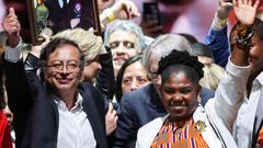 FILE PHOTO: Colombian left-wing presidential candidate Gustavo Petro and his candidate for Vice-President Francia Marquez of the Historic Pact coalition celebrate after Petro's victory in the second round of the presidential election, at the Movistar Arena, in Bogota, Colombia June 19, 2022. REUTERS/Luisa Gonzalez/File Photo