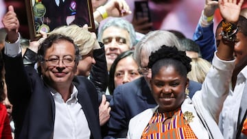 FILE PHOTO: Colombian left-wing presidential candidate Gustavo Petro and his candidate for Vice-President Francia Marquez of the Historic Pact coalition celebrate after Petro's victory in the second round of the presidential election, at the Movistar Arena, in Bogota, Colombia June 19, 2022. REUTERS/Luisa Gonzalez/File Photo