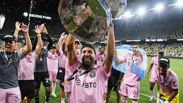 Aug 19, 2023; Nashville, TN, USA; Inter Miami CF defender Harvey Neville (18) celebrates after winning the Leagues Cup against Nashville SC at GEODIS Park. Mandatory Credit: Christopher Hanewinckel-USA TODAY Sports