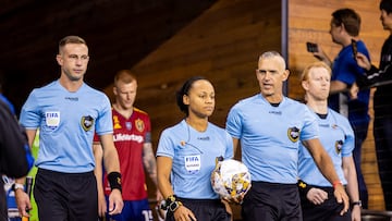 SAN JOSE, CA - SEPTEMBER 16: Referee Natalie Simon leads her team onto the field before the MLS professional men's soccer game between Real Salt Lake and the San Jose Earthquakes on September 16, 2023 at PayPal Park in San Jose, CA. (Photo by Bob Kupbens/Icon Sportswire via Getty Images)