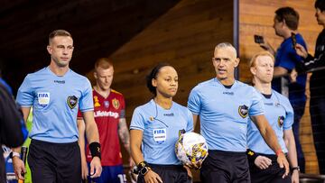 SAN JOSE, CA - SEPTEMBER 16: Referee Natalie Simon leads her team onto the field before the MLS professional men's soccer game between Real Salt Lake and the San Jose Earthquakes on September 16, 2023 at PayPal Park in San Jose, CA. (Photo by Bob Kupbens/Icon Sportswire via Getty Images)