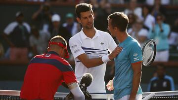 INDIAN WELLS, CALIFORNIA - MARCH 12: Novak Djokovic of Serbia congratulates Philipp Kohlschreiber of Germany on his mens singles third round victory on Day 9 of the BNP Paribas Open at the Indian Wells Tennis Garden on March 12, 2019 in Indian Wells, California.   Yong Teck Lim/Getty Images/AFP
 == FOR NEWSPAPERS, INTERNET, TELCOS &amp; TELEVISION USE ONLY ==