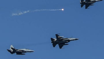Pakistan's Air Force fighter JF-17 fighter jets fly past during the multinational naval exercise 'AMAN-23' in the Arabian Sea near Pakistan's port city of Karachi on February 13, 2023, as more than 50 countries participating with ships and observers. (Photo by Asif HASSAN / AFP) (Photo by ASIF HASSAN/AFP via Getty Images)
