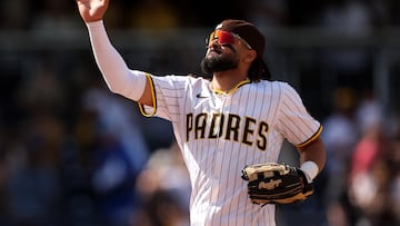 SAN DIEGO, CALIFORNIA - APRIL 16: Fernando Tatis Jr. #23 of the San Diego Padres celebrates after defeating the Chicago Cubs 4-2 in a game at Petco Park on April 16, 2025 in San Diego, California. Sean M. Haffey/Getty Images/AFP (Photo by Sean M. Haffey / GETTY IMAGES NORTH AMERICA / Getty Images via AFP)