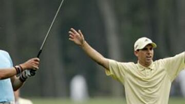 <B>TODO LISTO. </B>García, junto a Parnevik en la imagen, ya practica en el Augusta National.