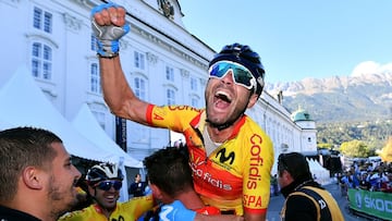 INNSBRUCK, AUSTRIA - SEPTEMBER 30: Arrival / Alejandro Valverde of Spain / Celebration / during the Men Elite Road Race a 258,5km race from Kufstein to Innsbruck 582m at the 91st UCI Road World Championships 2018 / RR / RWC / on September 30, 2018 in Innsbruck, Austria. (Photo by Justin Setterfield/Getty Images)