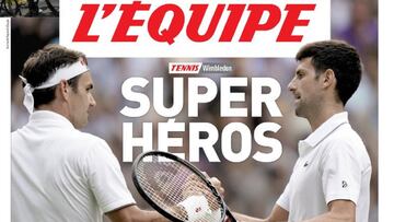 Portada de L&#039;&Eacute;quipe del 15 de julio de 2019 con Roger Federer y Novak Djokovic como protagonistas tras la final de Wimbledon, que se sald&oacute; con victoria para el serbio.