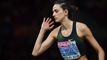 Mariya Lasitskene reacciona durante la final de salto de altura los Europeos de Atletismom de Berlín 2018.