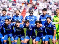 Jugadores del Burgos antes del partido de LaLiga Hypermotion contra el Albacete.