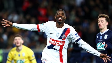 Paris Saint-Germain's French forward #10 Ousmane Dembele celebrates after scoring his team's fourth goal during the French Cup (Coupe de France) semi-final football match between USL Dunkirk and Paris Saint-Germain (PSG) at the Pierre-Mauroy stadium in Villeneuve-d'Ascq, northern France, on April 1, 2025. (Photo by Sameer Al-Doumy / AFP)