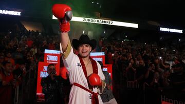 ONTARIO, CALIFORNIA- MAY 14: Gilberto Zurdo Ramirez makes his entrance for his 12 rounds light heavyweight fight against Dominic Boesel at Toyota Arena May 14, 2022 in Ontario, California. (Photo by Tom Hogan/Golden Boy Promotions via Getty Images)