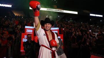 ONTARIO, CALIFORNIA- MAY 14: Gilberto Zurdo Ramirez makes his entrance for his 12 rounds light heavyweight fight against Dominic Boesel at Toyota Arena May 14, 2022 in Ontario, California. (Photo by Tom Hogan/Golden Boy Promotions via Getty Images)