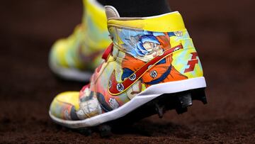 Aug 21, 2023; San Diego, California, USA; A detailed view of the cleats worn by San Diego Padres right fielder Fernando Tatis Jr. (23) against the Miami Marlins during the seventh inning at Petco Park. Mandatory Credit: Orlando Ramirez-USA TODAY Sports