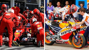 Paradas en boxes de Ferrari en Fórmula 1 y de Márquez en MotoGP.