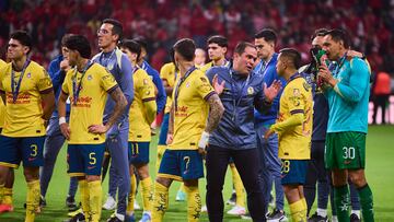 Israel Reyes, Kevin Alvarez, Brian Rodriguez, Andre Soares Jardine head coach Erick Sanchez, Rodolfo Cota of America during the final second leg match between Toluca and America as part of the Liga BBVA MX, Torneo Clausura 2025 at Nemesio Diez Stadium on May 25, 2025 in Toluca, Estado de Mexico, Mexico.