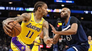 Jan 6, 2019; Minneapolis, MN, USA; Los Angeles Lakers forward Michael Beasley (11) dribbles past Minnesota Timberwolves forward Taj Gibson (67) during the first quarter at Target Center. Mandatory Credit: Brace Hemmelgarn-USA TODAY Sports