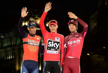 Chris Froome celebra su victoria en Madrid junto a Vincenzo Nibali y Ilnur Zakarin 
