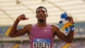 FILE PHOTO: Athletics - Diamond League - Silesia - Silesian Stadium, Chorzow, Poland - August 25, 2024 Fred Kerley of the U.S. celebrates after winning the men's 100m REUTERS/Aleksandra Szmigiel/File Photo
