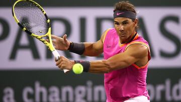 INDIAN WELLS, CALIFORNIA - MARCH 10: Rafael Nadal of Spain plays a backhand against Jared Donaldson of the United States during their men&#039;s singles second round match on day seven of the BNP Paribas Open at the Indian Wells Tennis Garden on March 10, 2019 in Indian Wells, California.   Clive Brunskill/Getty Images/AFP
 == FOR NEWSPAPERS, INTERNET, TELCOS &amp; TELEVISION USE ONLY ==