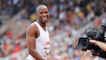 (FILES) In this file photo taken on June 10, 2018 Luvo Manyonga of South Africa reacts after competing during the long jump event of the IAAF Diamond League 2018 meeting at Stockholm Olympic Stadium in Stockholm - South Africa's Luvo Manyonga, the reigning Olympic long jump runner-up, has been suspended for four years for anti-doping tracking violations, the Athletics Integrity Unit (AIU) announced on June 18, 2021. Manyonga, 30, had been provisionally suspended since January. This is the second anti-doping conviction of the athlete, who is closed the doors of the Olympic Games in Tokyo (July 23 - August 8). (Photo by Christine Olsson / TT News Agency / AFP) / Sweden OUT