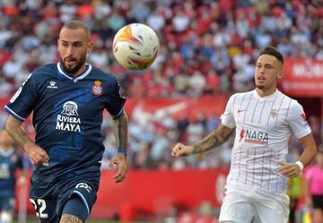 Espanyol's Spanish defender Aleix Vidal (L) vies with Sevilla's Argentinian midfielder Lucas Ocampos during the Spanish League football match between Sevilla FC and RCD Espanyol at the Ramon Sanchez Pizjuan stadium in Seville on September 25, 2021. (Photo