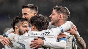 Uruguay's midfielder Federico Valverde (R) celebrates with teammates after scoring a goal during the international friendly football match between Japan and Uruguay at the National Stadium in Tokyo on March 24, 2023. (Photo by Yuichi YAMAZAKI / AFP) (Photo by YUICHI YAMAZAKI/AFP via Getty Images)