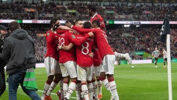 LONDON, ENGLAND - FEBRUARY 26: Casemiro of Manchester United celebrates after scoring the opening goal (1-0) during the Carabao Cup Final match between Manchester United and Newcastle United at Wembley Stadium on February 26, 2023 in London, England. (Photo by Richard Callis/MB Media/Getty Images)