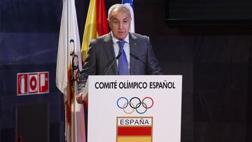 El presidente del COE Alejandro Blanco interviene durante la firma del acuerdo entre la Olympic Refugee Foundation y el Ministerio de Inclusi&oacute;n, Seguridad Social y Migraciones.