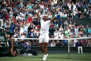 Nadal celebra su victoria en cuarto de final en Wimbledon 2018. El balear eliminó al argentino Juan Martín Del Potro.