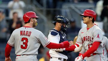 BRONX, NEW YORK - APRIL 18: Taylor Ward #3 of the Los Angeles Angels congratulates Shohei Ohtani #17 after Ohtani drove them both home with a two run home run in the first inning against the New York Yankees at Yankee Stadium on April 18, 2023 in the Bronx borough of New York City. Elsa/Getty Images/AFP (Photo by ELSA / GETTY IMAGES NORTH AMERICA / Getty Images via AFP)