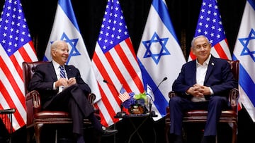 FILE PHOTO: U.S. President Joe Biden has demonstrated unwavering support for Israel's security over a half century in public life. In this photo,  Biden meets with Israeli Prime Minister Benjamin Netanyahu and the Israeli war cabinet, as he visits Israel amid the ongoing conflict between Israel and Hamas, in Tel Aviv, Israel, October 18, 2023. REUTERS/Evelyn Hockstein/File Photo