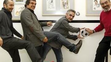 <b>CATALANES Y MADRILEÑOS. </b>De izquierda a derecha, Jaume Capdevila 'Kap', Julio Rey, Juan Álvarez y José María Gallego. Abajo, dibujos de 'Kap', Gallego & Rey y Fandiño.