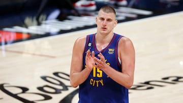 Jun 1, 2023; Denver, CO, USA; Denver Nuggets center Nikola Jokic (15) celebrates after game one of the 2023 NBA Finals against the Miami Heat at Ball Arena. Mandatory Credit: Isaiah J. Downing-USA TODAY Sports