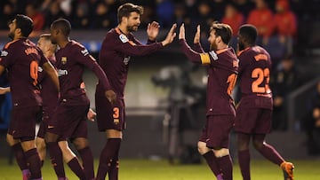 LA CORUNA, SPAIN - APRIL 29:  Lionel Messi of Barcelona celebrates as he scores his sides third goal with Gerard Pique of Barcelona during the La Liga match between Deportivo La Coruna and Barcelona at Estadio Riazor on April 29, 2018 in La Coruna, Spain.