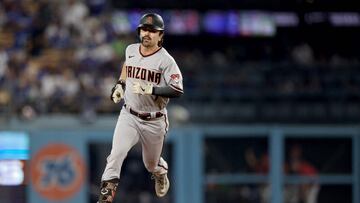 LOS ANGELES, CALIFORNIA - OCTOBER 07: Corbin Carroll #7 of the Arizona Diamondbacks rounds the bases after hitting a home run in the second inning against the Los Angeles Dodgers during Game One of the Division Series at Dodger Stadium on October 07, 2023 in Los Angeles, California.   Harry How/Getty Images/AFP (Photo by Harry How / GETTY IMAGES NORTH AMERICA / Getty Images via AFP)