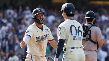 LOS ANGELES, CALIFORNIA - MAY 31: Michael Conforto #23 celebrates scoring a run with Hyeseong Kim #6 of the Los Angeles Dodgers in the second inning against the New York Yankees at Dodger Stadium on May 31, 2025 in Los Angeles, California. Harry How/Getty Images/AFP (Photo by Harry How / GETTY IMAGES NORTH AMERICA / Getty Images via AFP)