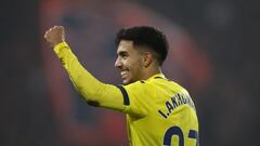 Rennes (France), 11/12/2023.- Villarreal's Ilias Akomach celebrates with his teammates after scoring a goal against Rennes FC during the UEFA Europa League Group F soccer match between Rennes and Villarreal in Rennes, France, 14 December 2023. (Francia) EFE/EPA/YOAN VALAT
