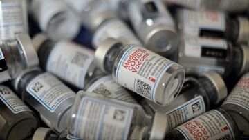 Vials of the Moderna vaccine against the Covid-19 coronavirus are pictured in Konabari, about 40 km from Dhaka On July 18, 2021. (Photo by Munir Uz zaman / AFP)