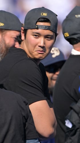 Nov 3, 2025; Los Angeles, CA, USA; Los Angeles Dodgers designated hitter Shohei Ohtani (17) looks on during the World Series celebration at Dodger Stadium. Mandatory Credit: Jayne Kamin-Oncea-Imagn Images