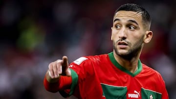 DOHA - Hakim Ziyech of Morocco during the FIFA World Cup Qatar 2022 quarterfinal match between Morocco and Portugal at Al Thumama Stadium on December 10, 2022 in Doha, Qatar. ANP KOEN VAN WEEL (Photo by ANP via Getty Images)