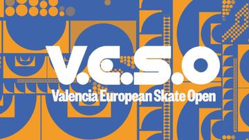 Imagen gráfica del Valencia European Skate Open, con tonos amarillos y azules y varias formas geométricas, además de las letras del VESO en blanco.