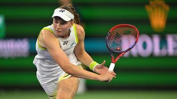 Mar 13, 2026; Indian Wells, CA, USA; Elena Rybakina (KAZ) approaches the net as she defeated Elina Svitolina (BEL) in her semifinal match during the BNP Paribas Open at the Indian Wells Tennis Garden. Mandatory Credit: Jayne Kamin-Oncea-Imagn Images