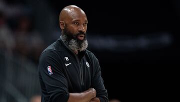 CHARLOTTE, NORTH CAROLINA - NOVEMBER 05: Interim head coach Jacque Vaughn of the Brooklyn Nets looks on in the first quarter during their game against the Charlotte Hornets at Spectrum Center on November 05, 2022 in Charlotte, North Carolina. NOTE TO USER: User expressly acknowledges and agrees that, by downloading and or using this photograph, User is consenting to the terms and conditions of the Getty Images License Agreement. Jacob Kupferman/Getty Images/AFP