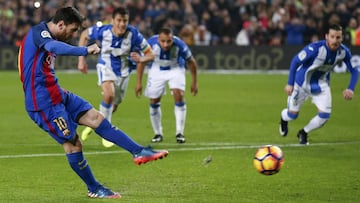 Barcelona&#039;s Lionel Messi scores a penalty against Leganes.